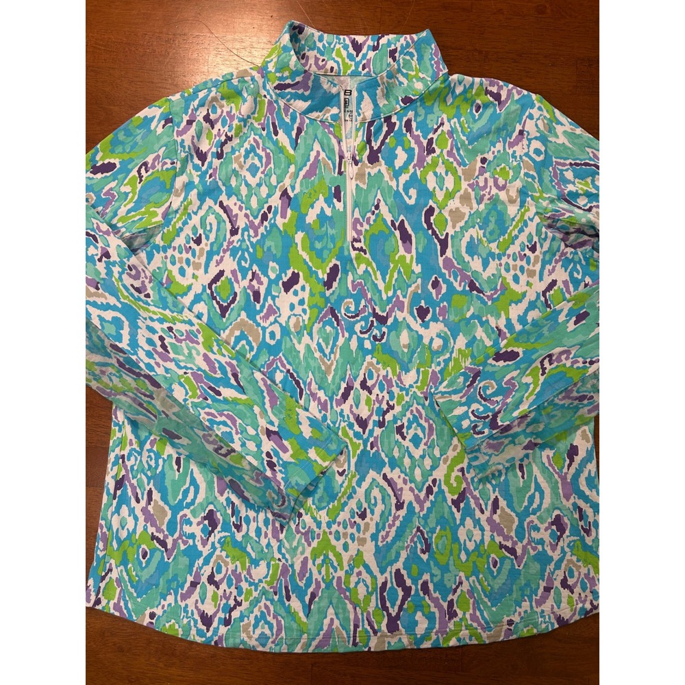 IBKUL Pullover Women XXL Blue Green Purple Ikat Print UPF 50+ Sun Shirt